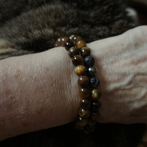 Volcanic Lava Stone, Hermatite, and Tigers Eye Stone Stacking Bracelets - Picture 3 of 3
